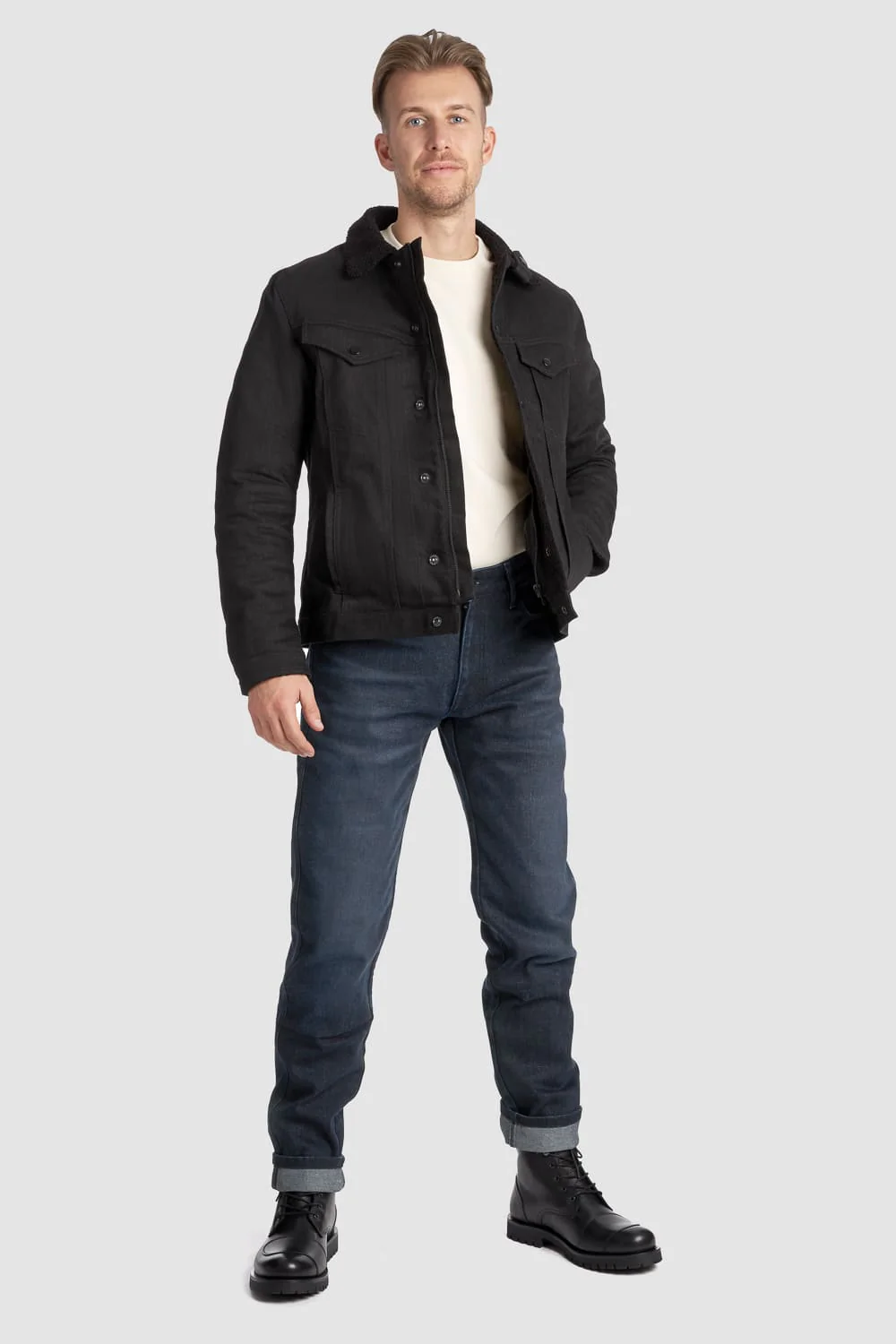 Arnie-Slim-Blue-7_-Husky-Jacket-Black_-Tabi-Boots-Black